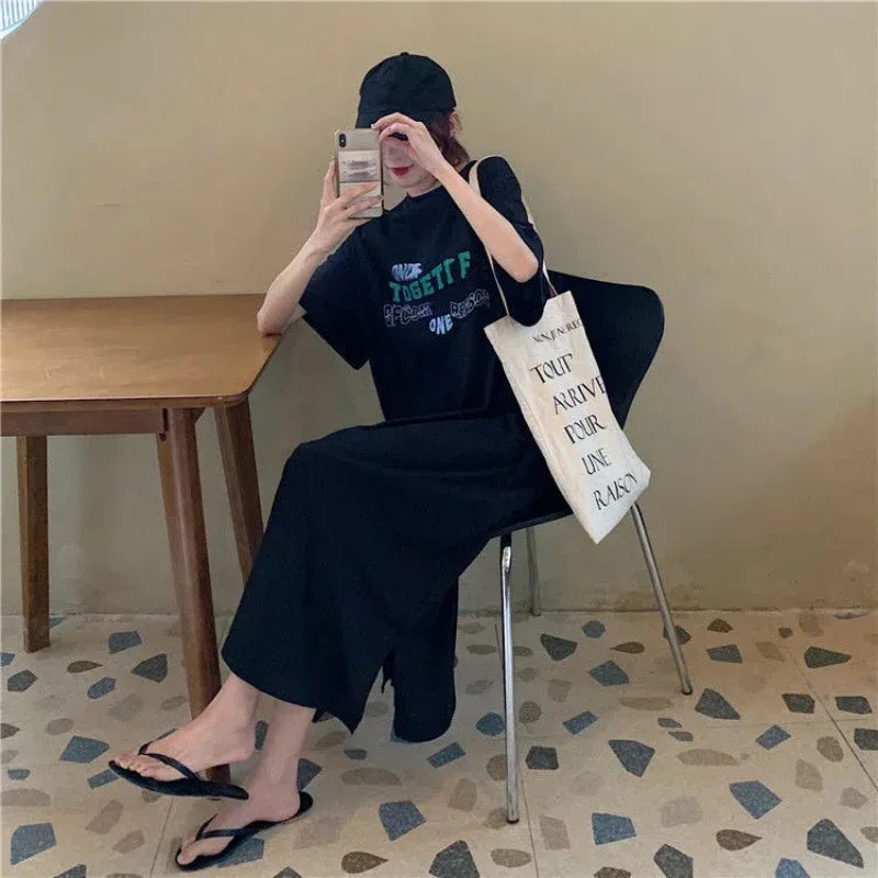 Street Casual Loose T Shirt Dress Summer New Short Sleeve Letter Printing Solid Color Midi Dress Fashion Trend Women Clothing