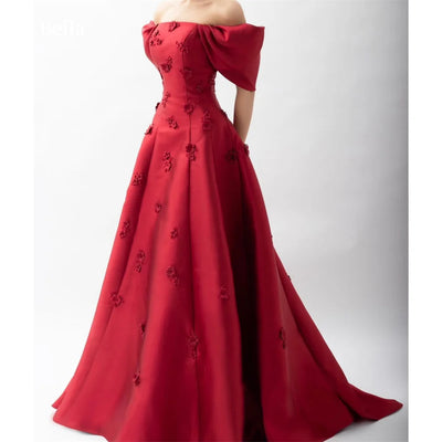 Bella Customized Satin robes de soirée A-Line Strapless 3D Floral Evening Dresses Red Floor-Length Wedding Party Wedding Dress