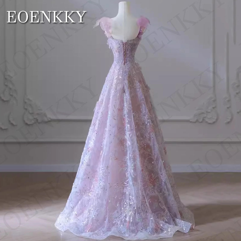 EOENKKY Exquisite 3D Flowers Prom Dresses Glitter Sequin A Line Spaghetti Strap Wedding Party Dress فساتين سهره فاخره Customized