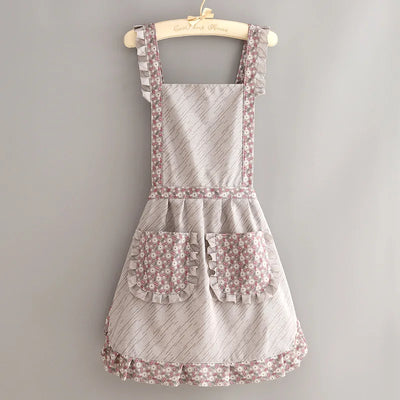 Cute Japanese Floral Canvas Apron Fashion Breathable Maid Dress with Waistband Home Kitchen Cooking Restaurant Women Workwear