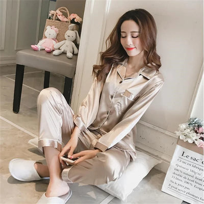 Couple Pajamas Set Sexy Ice Silk Satin Sleepwear Long Sleeve Pijama Female Home Suit Soft Loungewear Sleepsuit Winter Nightwear