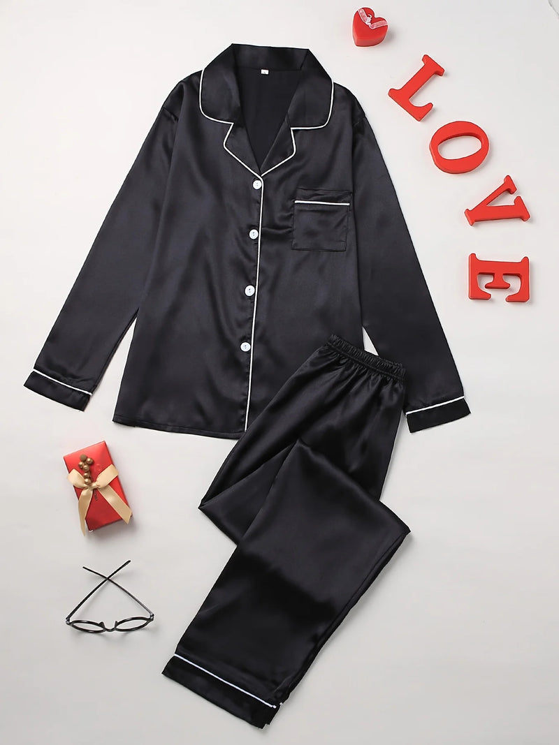 Solid Pajama Set Long Sleeve Button Up Lapel Top & Pants Pj Set Women&