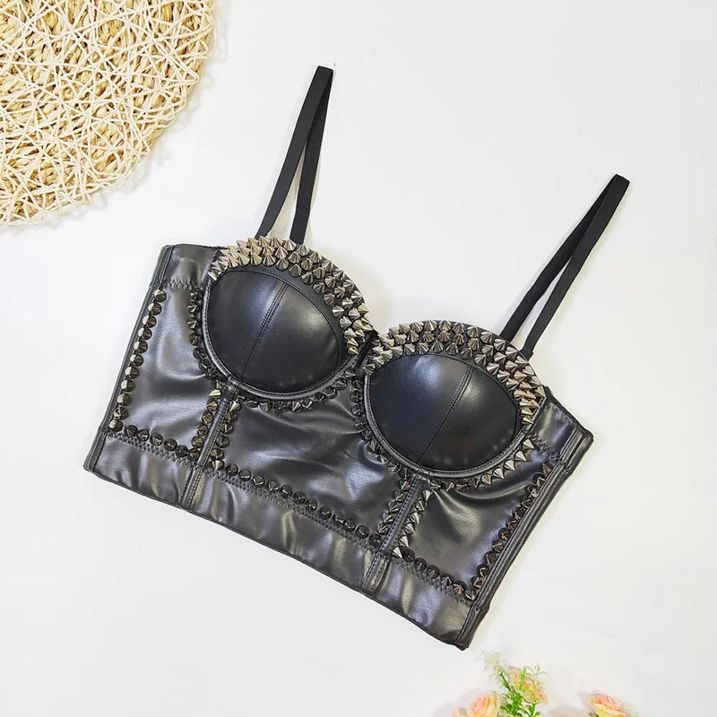 SXTHAENOO New Women Black PU Leather Corset Top Crop Bustier Bra Push Up Bodice Sexy Lingerie With Chest Pad Party Short Clothes