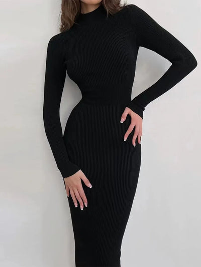 2024 New Autumn Knitted Turtleneck Dress Women Long Sleeve Bodycon Midi Dresses Female Elegant Fashion Solid Color Skinny Dress