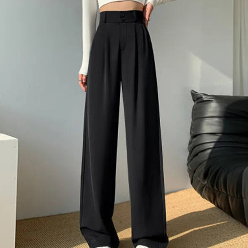 High Waist Wide Leg Pants for Women New Loose Straight Coffee Trousers Autumn Double Buttons Casual Suit Pants Female