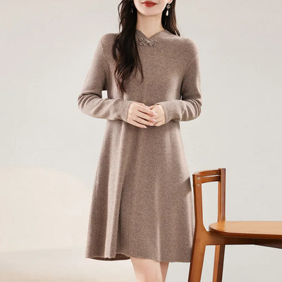 100% Merino Wool Women's Midi Dress, Buttoned, Elegant, Long Sleeves, Knitted, Crew Neck, Warm, Fall/Winter 2024, Clothing