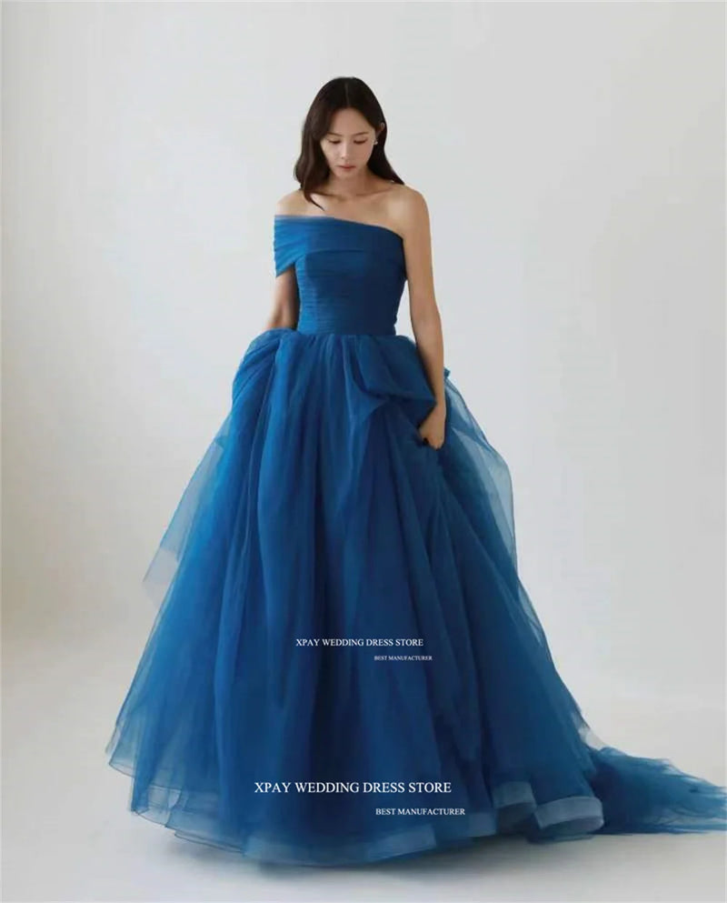 XPAY Strapless Ocean Blue Korea Wedding Party Dresses Photos Shoot Tiered Formal Customised A Line Floor Puffy Bride Garden Gown