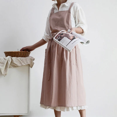 Women Cotton Linen Cross Back Apron Japanese Housework Baking Wrap Florist Dress Kitchen Cooking Aprons