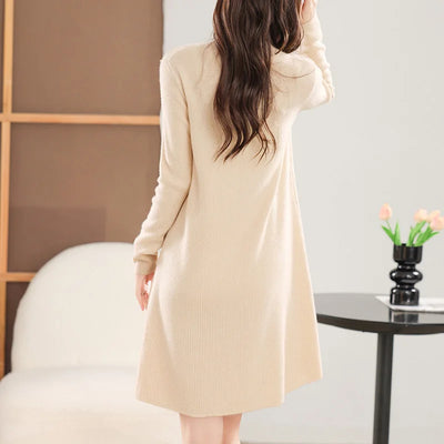 100% Merino Wool Women's Midi Dress, Buttoned, Elegant, Long Sleeves, Knitted, Crew Neck, Warm, Fall/Winter 2024, Clothing