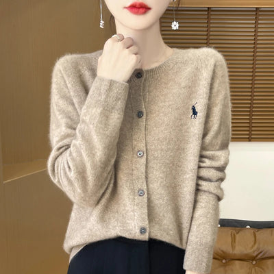 2024 Autumn/Winter Women's New Fashion Cashmere Embroidered Cardigan Women's O-neck Fashion Embroidered 100% Australian Wool