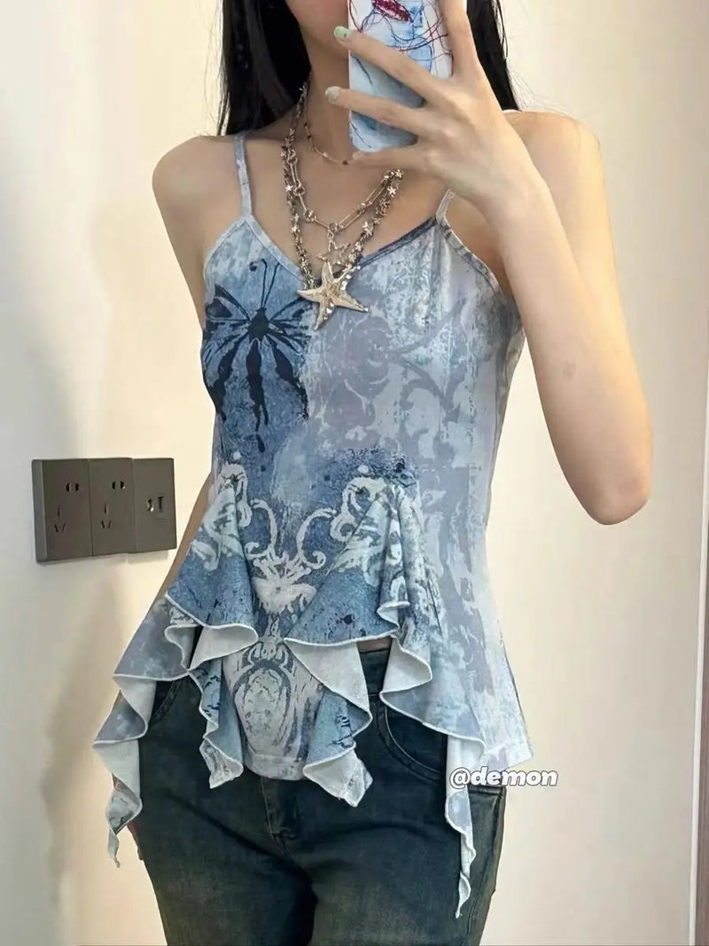 Asymetrical Tanks Camis for Women Niche Design Summer Personality Girls Clothing Fashion Tie Dye Outwear Casual Chic Students