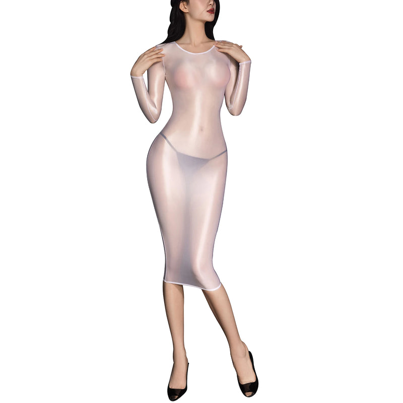 Party Night Sexy Bodycon Dress Women Oil Glossy Sheer See Through Shiny Silk Smooth Tight Long Sleeves Midi Dresses Clubwear