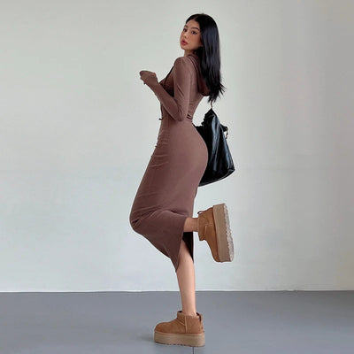 Hooded Midi Dress Women Solid Ins Casual Wrapped Streetwear Vintage Dresses