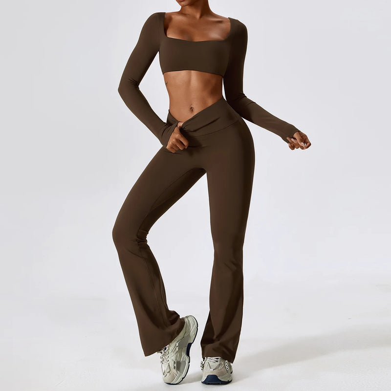 2 Pieces Women Tracksuit Yoga Set Workout Sportswear Gym Clothing Fitness Long Sleeve Crop Top High Waist Leggings Sports Suits