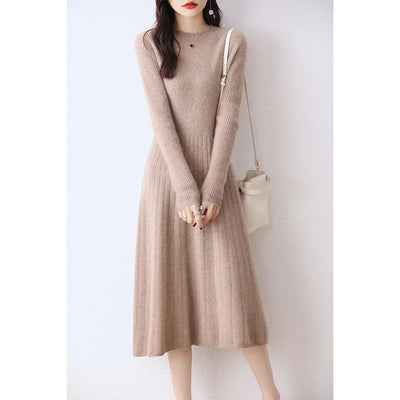 100% Merino Wool, Women's Autumn/Winter Dress, Elegant, Casual, Knitted, Top, Korean Style, Crew Neck, Warm