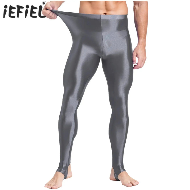 Mens Glossy Sports Pants Stirrup Leggings High Waist Elastic Waist Tights Gym Workout Pants Tummy Control Yoga Fitness Pants