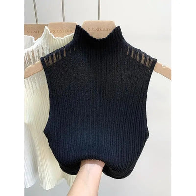 Hollow Out Gauze Tank Top Turtleneck Elegant Sleeveless Design Slim Camis Knitting Solid Chic Corset Women's Tube Top