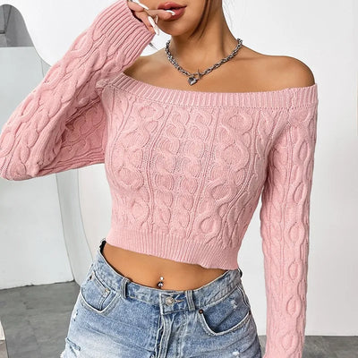 Autumn Women's Knitted Sweater Solid Color Sexy Short Style Autumn/Winter New One Piece Neck Off Shoulder Knitted Sweater 2024