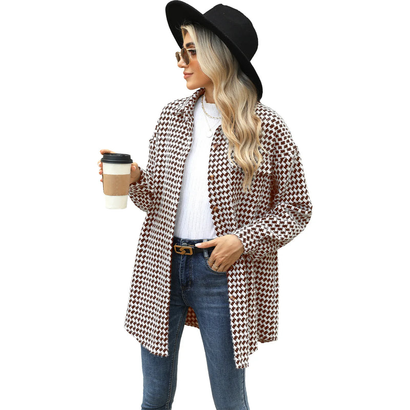 Women New Houndstooth Lapel Top Mid-length Woolen Coat for Women