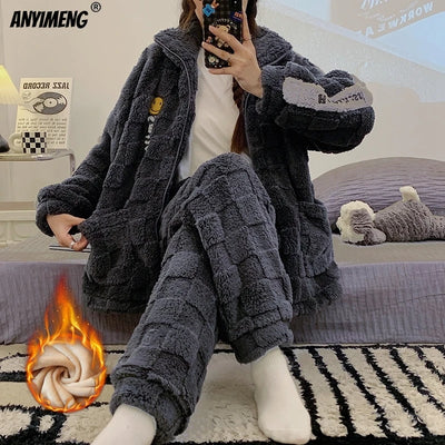 Winter Flannel Women Pajamas Zipper Lapel High-neck Sleepwear Sleepwear Thick Fluffy Loungewear Cardigan Pijamas sporty Homewear