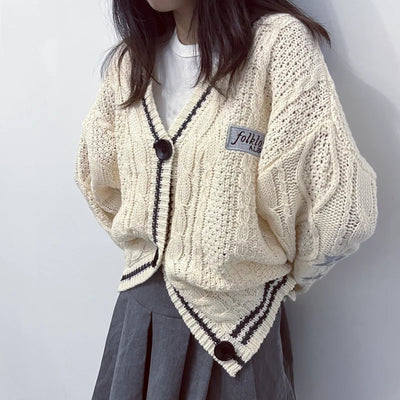 Beige Folklore Cardigan Women Letter Patch with Star Embroidered Knitted Sweater Female Winter Autumn Casual Oversized Cardigans