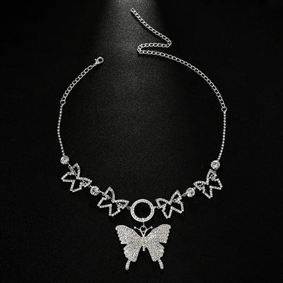 Large Butterfly Pendant Necklace Rhinestone Jewelry Hollow Round Butterfly Chain Choker