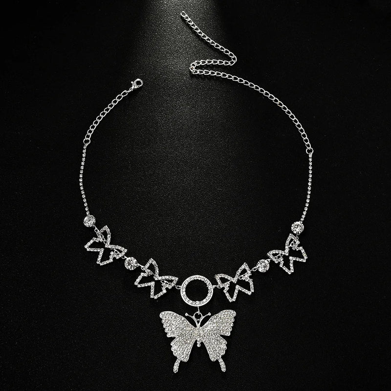 Large Butterfly Pendant Necklace Rhinestone Jewelry Hollow Round Butterfly Chain Choker