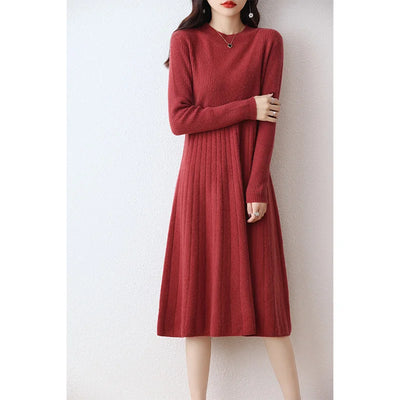 100% Merino Wool, Women's Autumn/Winter Dress, Elegant, Casual, Knitted, Top, Korean Style, Crew Neck, Warm