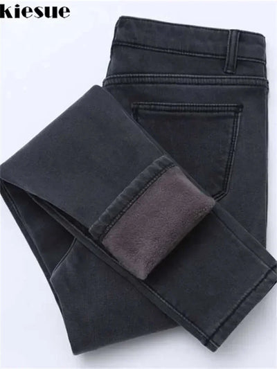 2022 Winter Jeans Women Gold Fleeces Inside Thickening Denim Pants High Waist Warm Trousers Female jeans woman Pants