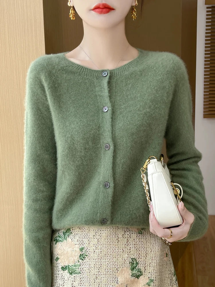 Autumn Winter Women 100% Merino Wool Sweater O-Neck Solid Color Cardigan Long Sleeve Clothing Cashmere Knitwear Bottoming Tops