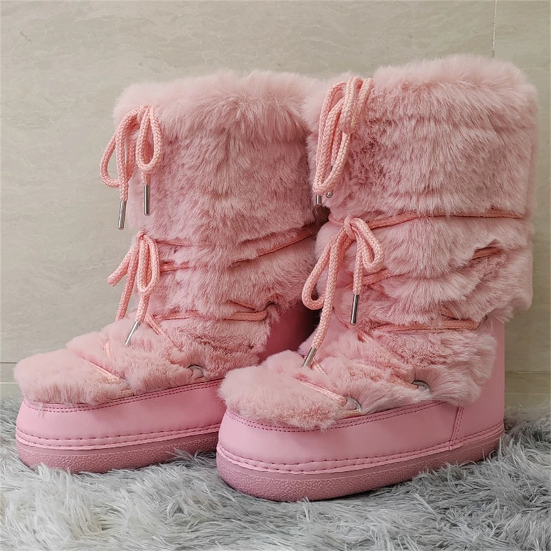 Faux Fur Boots for Women Warm Comfortable Woman Ski Boots 2024 Winter Middle Claf Lace-up Waterproof Platform Snow Boots Black