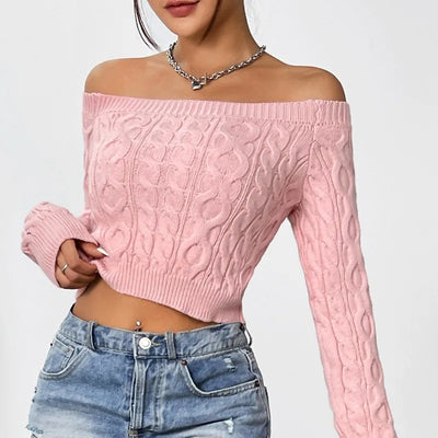 Autumn Women's Knitted Sweater Solid Color Sexy Short Style Autumn/Winter New One Piece Neck Off Shoulder Knitted Sweater 2024