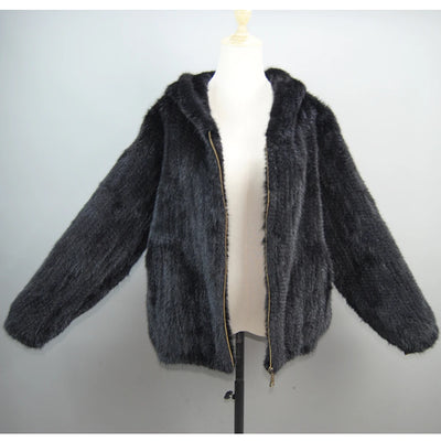 2025 New Women Mink Fur Coat Long-Sleeve Hooded Casual Jacket Fashion All-match Zipper Knitted Outerwear Jacket Custom Plus Size