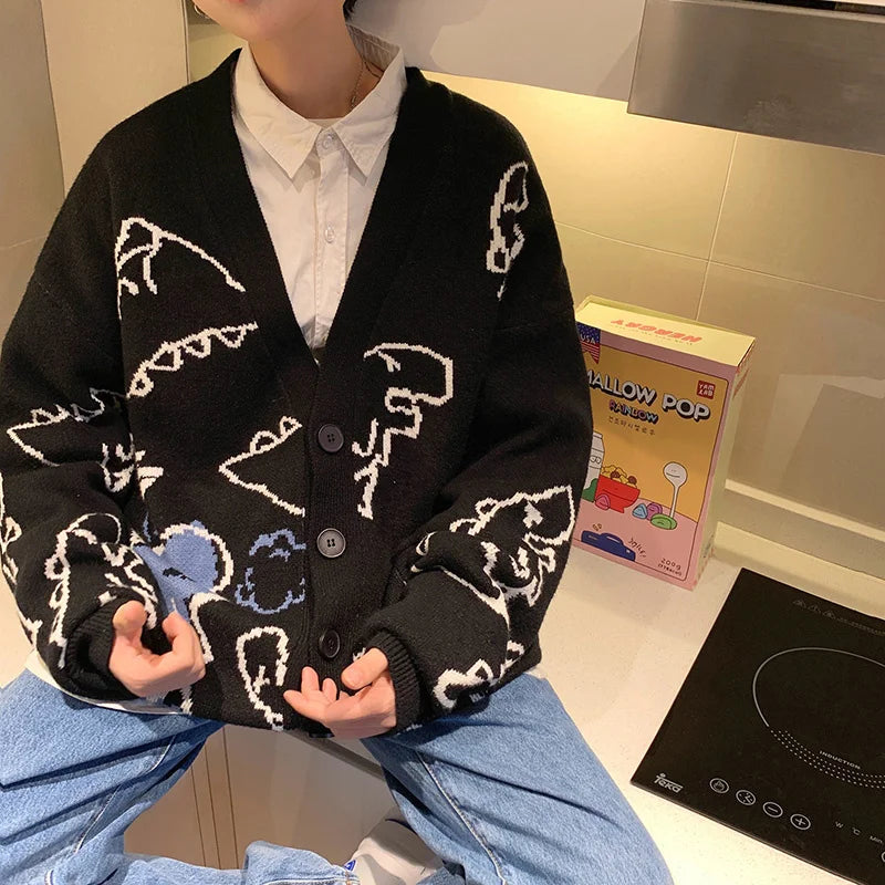 Abfer Autumn Oversize Cardigan Men Knitted Dinosaur Sweater Streetwear Loose Male Women Coat 2021 Doodle Hip Hop Pattern Winter