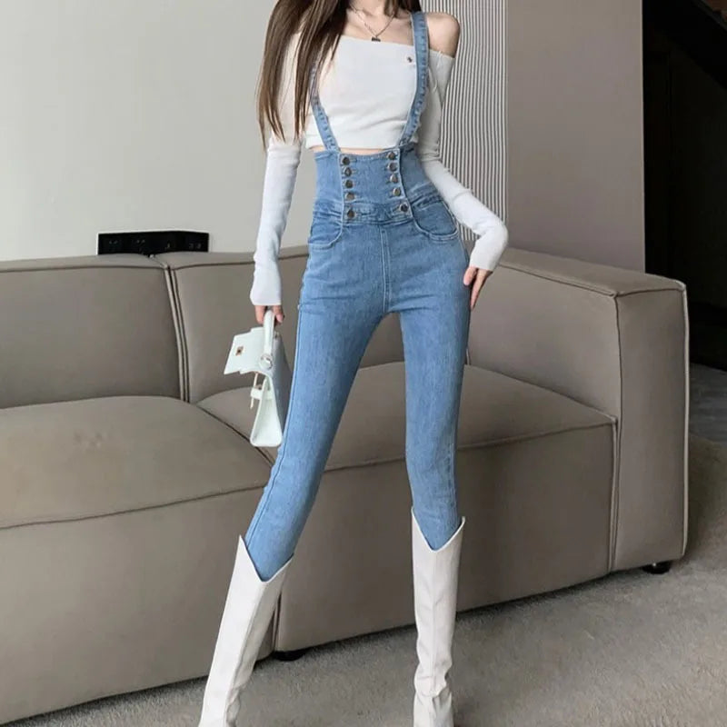 Suspender High Waist Stretch Skinny Jeans Woman 2023 Spring Autumn Ankle-Length Vintage Denim Pencil Pants Female