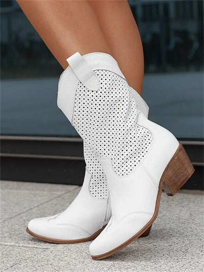 White Western Cowboy Boot Low Heels Women's Mid-Calf Cowgirl Boots Casual Shoes