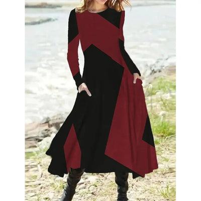 New 2024 Women's Casual Elegant Party Dress Contrast Color Ladies Spring Autumn Loose Long Sleeve Dress with Pockets Midi Dress