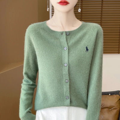 2024 Autumn/Winter Women's New Fashion Cashmere Embroidered Cardigan Women's O-neck Fashion Embroidered 100% Australian Wool