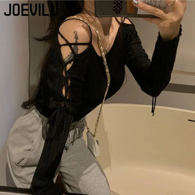 Bandage Long Sleeve Knitted Shirt Women's Off Shoulder Sexy Tops Slim Chic T-shirt Spring and Autumn Pullover Solid Y2k Sweater