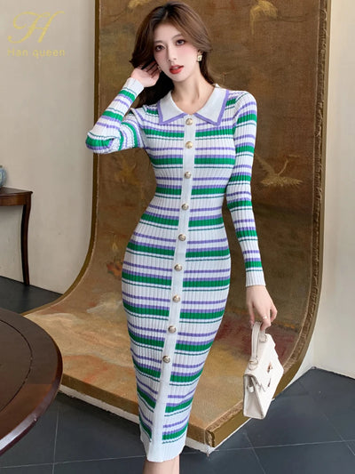 H Han Queen Stripes Chic Fashion Sexy Package Hips Buttons Knitted Autumn Dress Women Slim Elastic Bodycon Party Dresses