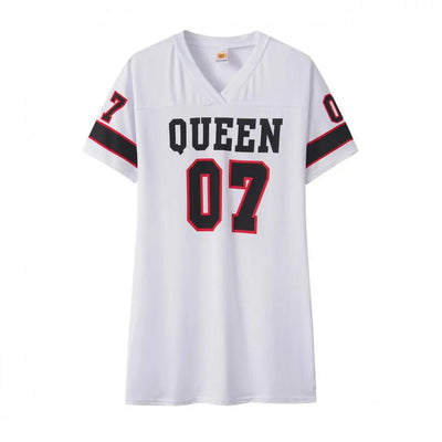 2024 New Fashion V-Neck Queen Letters Print Dress Short Sleeve Basketball Sporty Style Sexy Loose Female Clothing Streetwear