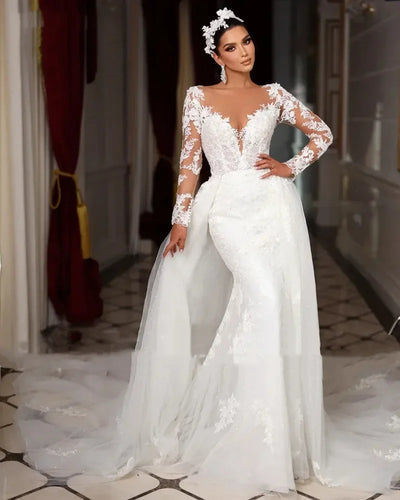 Romantic Beading Long Sleeve Mermaid Wedding Dress Gorgeous Appliques Detachable Train Trumpet Bridal Gown Customized