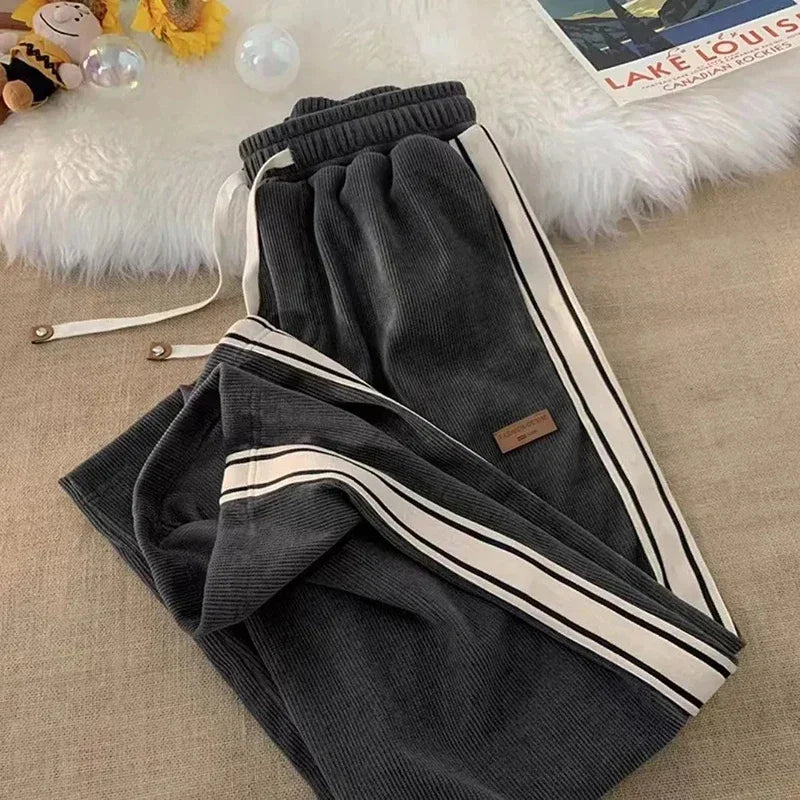 2024 Corduroy Striped Sweatpants Women Streetwear Thick Wide Leg Pants Y2K Harajuku High Waist Joggers Korean Baggy Trousers