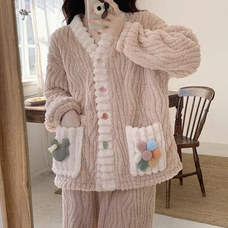 Thickened Warm Flannel Women Sleepwear Loungewear Cardigan Suit Winter Sweet Kawaii Soft Fairy Wind Ladies Pajamas Homewear