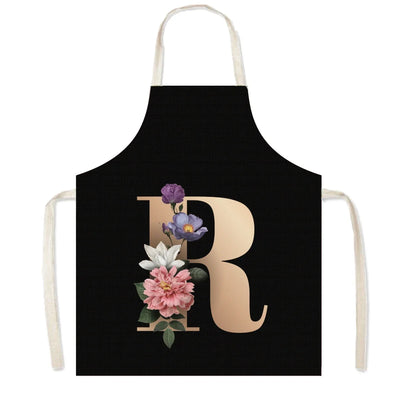 26 Initials Flower Print Kitchen Apron A-Z Letter Women Cooking Aprons BBQ Chef Waiter Home Baking Cleaning Tool Pinafore