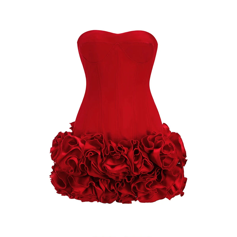 Red Color Women Sexy Strapless Ball Gown Mini Fashion Celebrity Nightclub Party Dress Birthday Cocktail Girls&