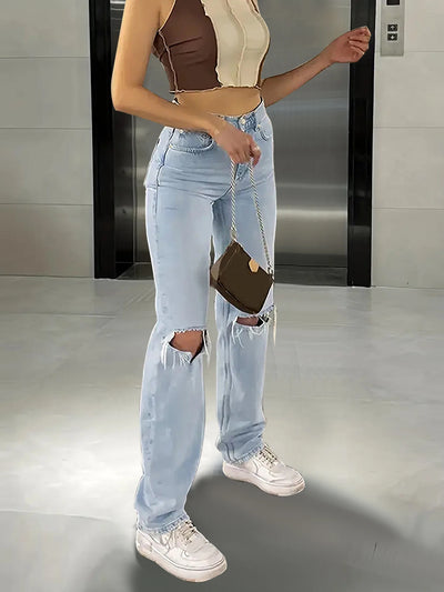 Women's Knee-Slit Relaxed Jeans – Loose Straight Leg with Stretchy Comfort