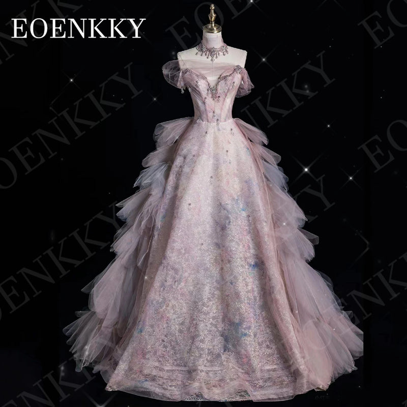 EOENKKY Prom Dresses 2024 Luxury Gown Dubai A Line Crystal Tulle Graduation Dress with Detachable Train Strapless V Neck Woman