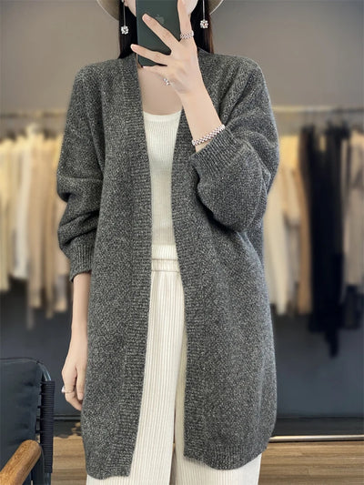 ADDONEE Women Long Cardigan Autumn Winter Cashmere Sweater Casual Loose Style Coat 100% Merino Wool Knitwear Korean Fashion Tops