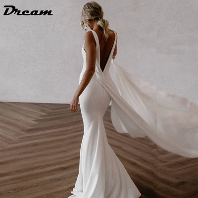 DREAM Customized Deep V Neck Crepe Detachable Train Mermaid Wedding Dress 2025 Sleeveless Open Back Simple Bridal Gowns Elegant